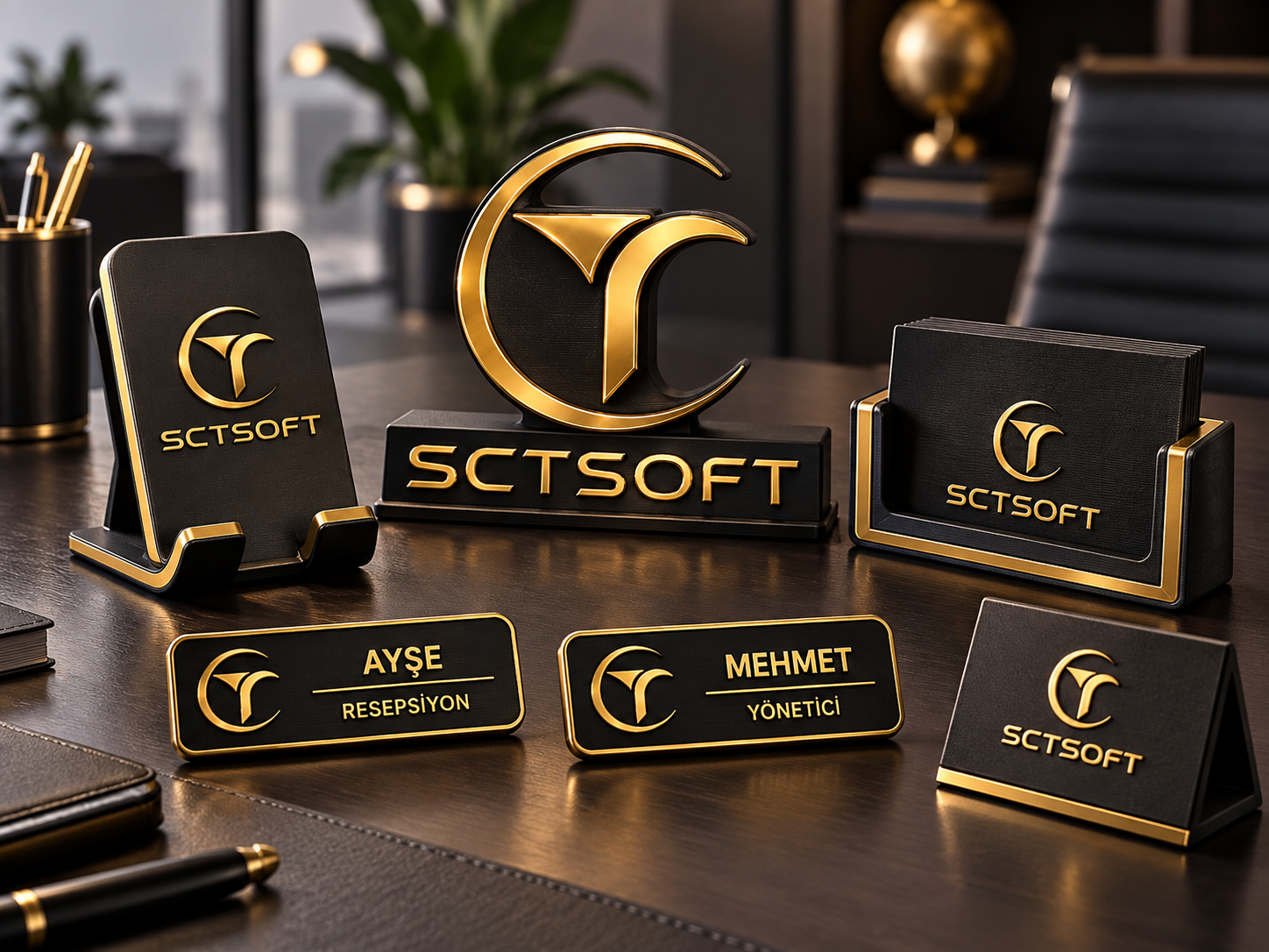 SCTSOFT logolu personel isimlikleri, telefon standı, kartvizitlik ve masaüstü logo ürünleri