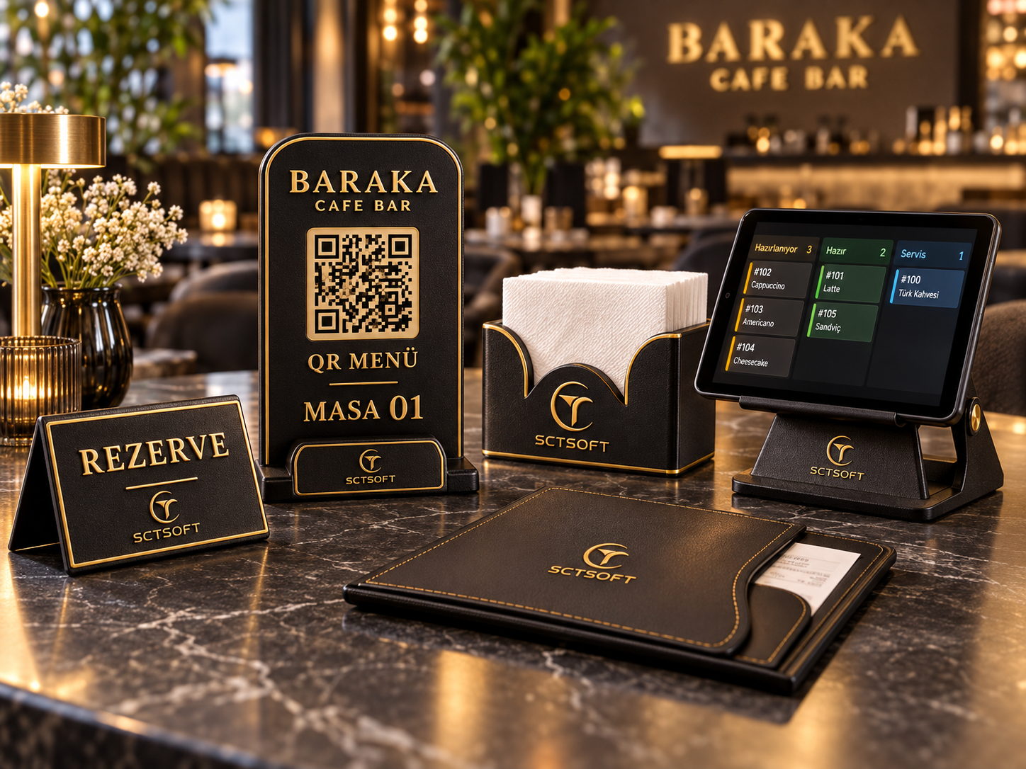 Baraka Cafe Bar için QR menü, masa numarası, rezerve tabelası, peçetelik ve mutfak tablet standı