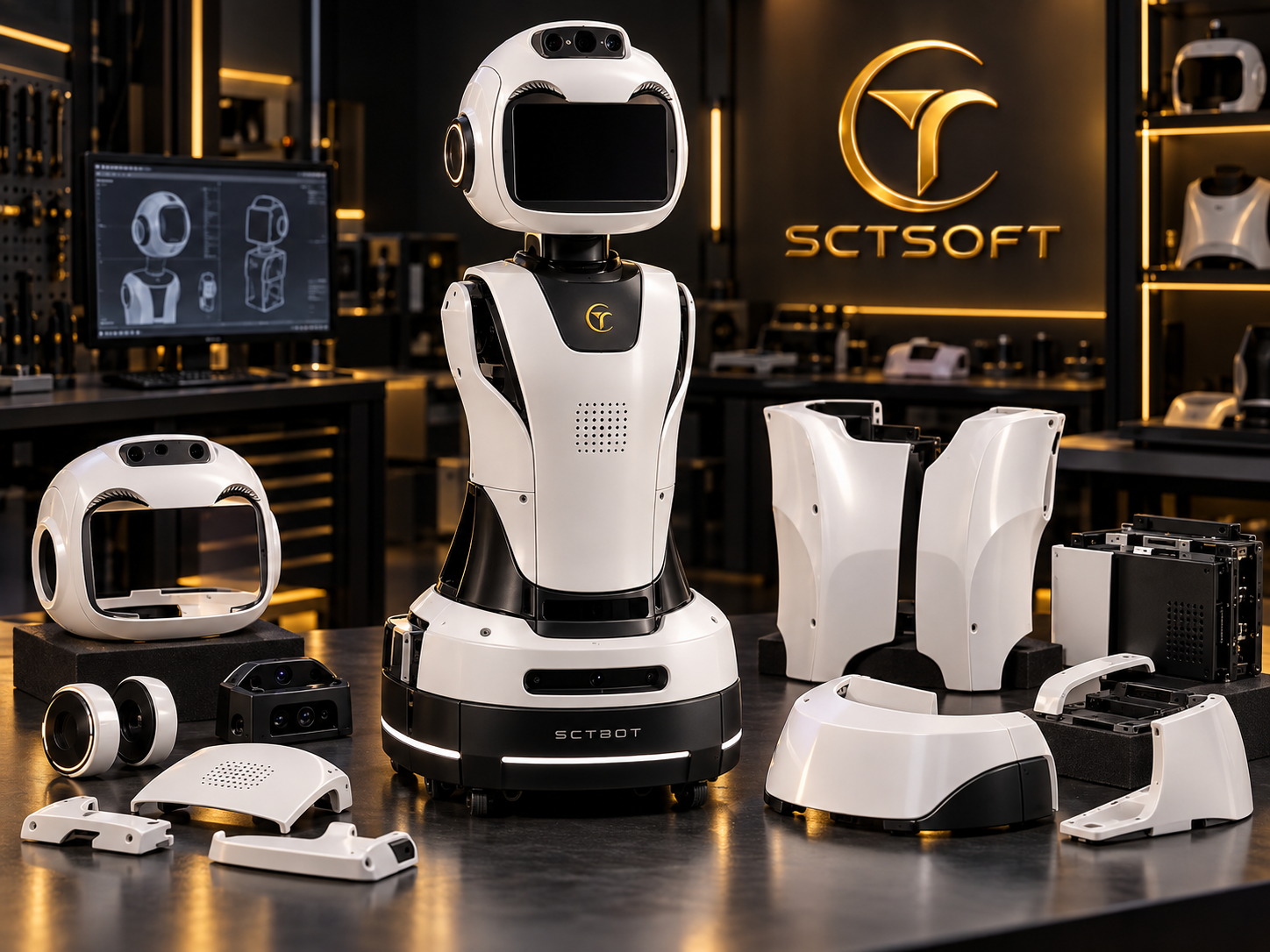 SCTBOT otel robotu ile ekranlı kafa, kaporta, kamera ve elektronik prototip parçaları