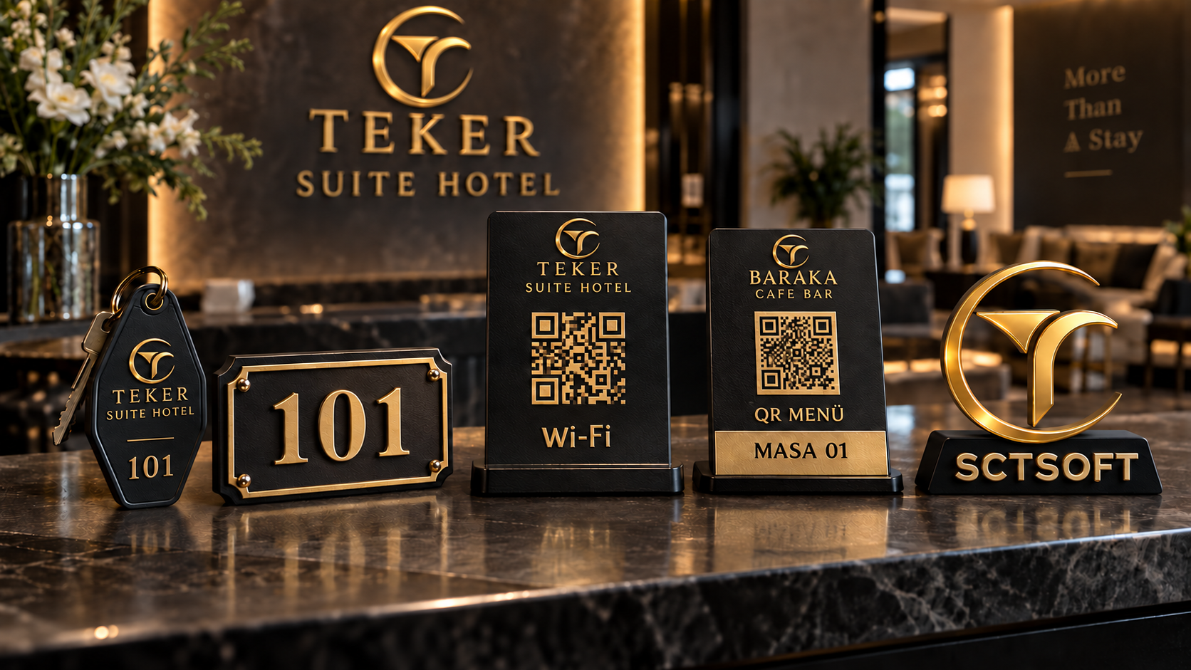 Teker Suite Hotel için tasarlanan oda anahtarlığı, 101 oda numarası, Wi-Fi QR standı, Baraka Cafe Bar QR menü ve masa numarası ile masaüstü SCTSOFT logosu